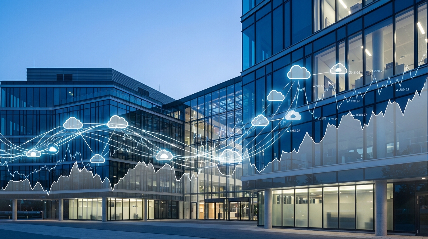Digital financial chart showing stock trends overlaid on an abstract cloud data network representing Salesforce enterprise infrastructure.