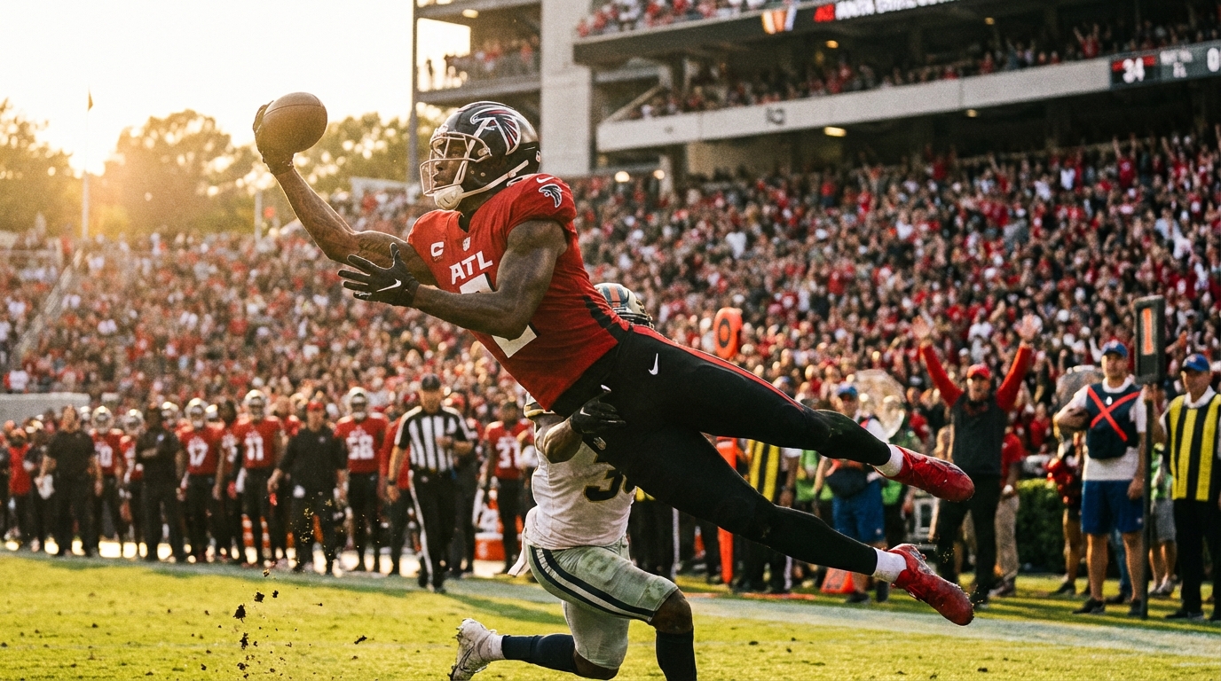 Kyle Pitts in an Atlanta Falcons uniform running a route on the football field