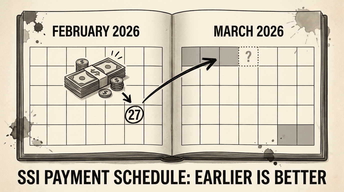 Calendar illustration highlighting an early SSI payment in late February and no payment in March