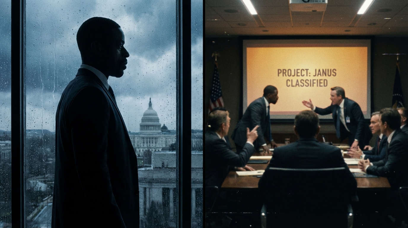 Sterling K. Brown as Xavier Collins looking out a window in a moody, high-contrast scene from the political thriller Paradise.
