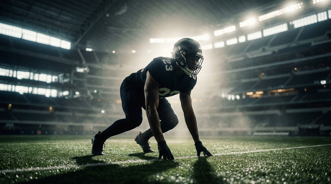 Football player in athletic gear crouching in a starting stance on an indoor stadium turf field under bright lights