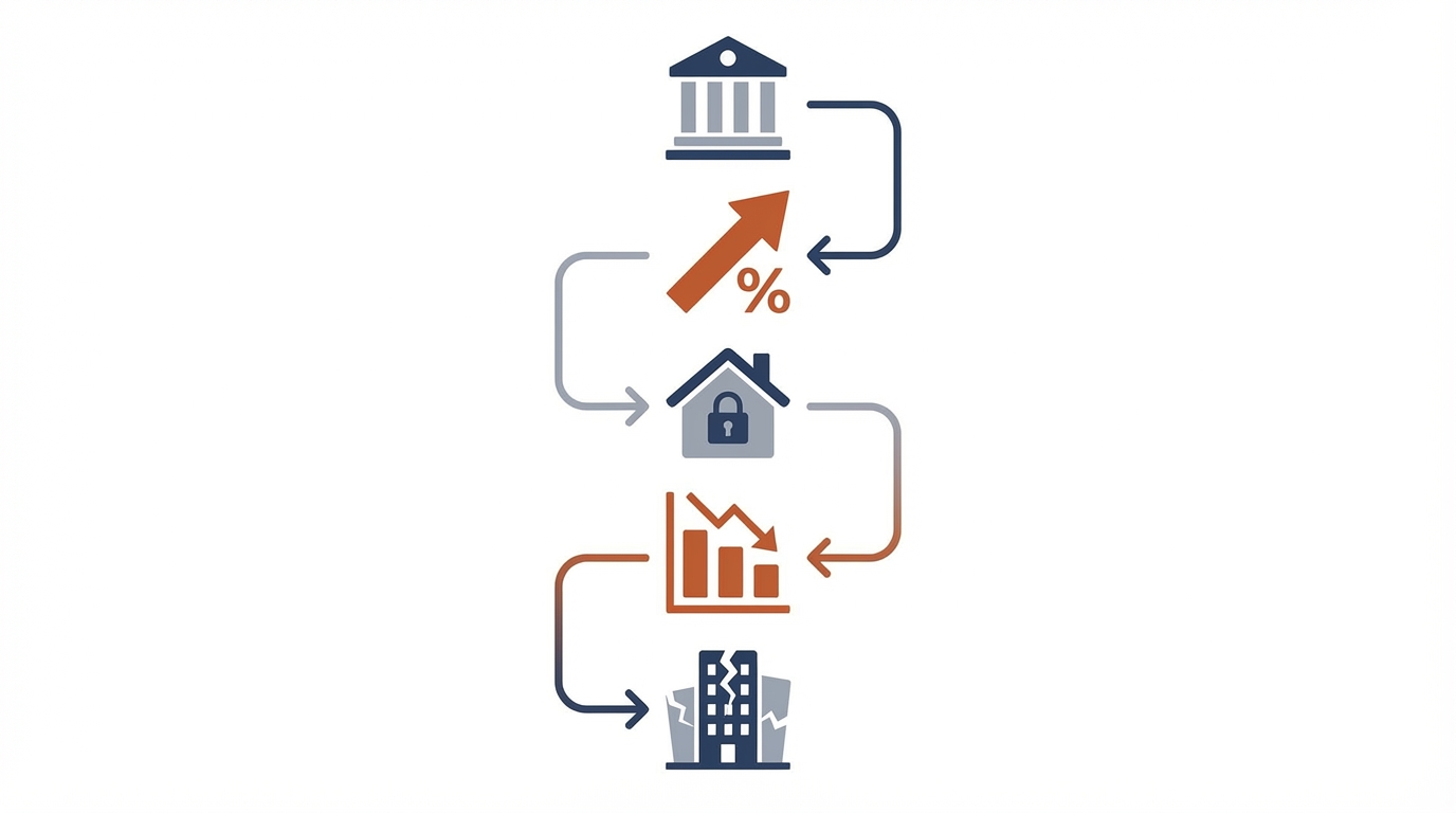 A clean, minimal infographic-style flow diagram on a white background showing a vertical chain of connected nodes: a central bank building icon at the top, flowing down through an upward arrow labeled with a percentage symbol, then a house with a lock icon, then a declining bar chart, and finally a cracked office building at the bottom. Muted tones of navy blue, burnt orange, and gray. No text, no logos, no human faces. Abstract and diagrammatic. illustration