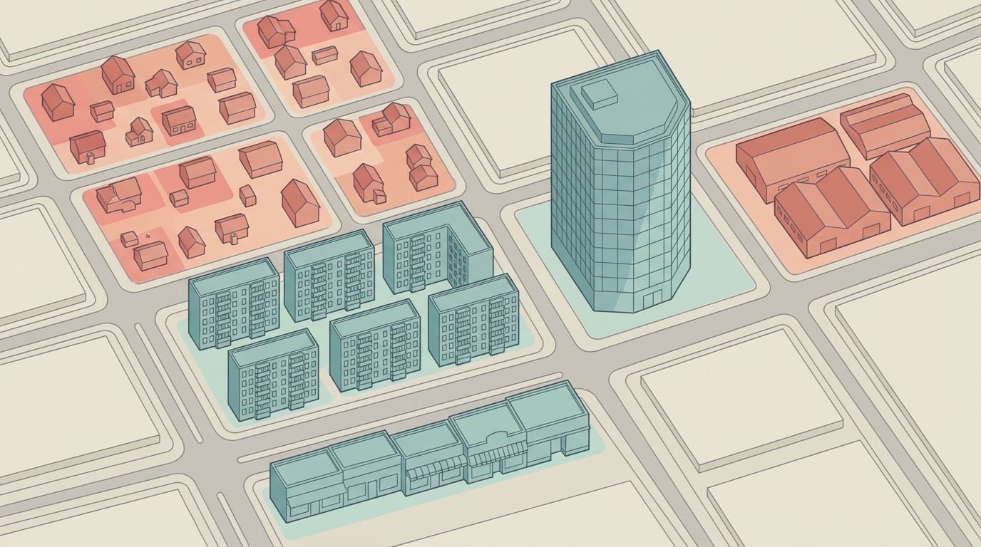 A minimal top-down aerial illustration of a stylized city grid showing distinct real estate sectors: a cluster of single-family homes, a row of apartment towers, a glass office tower, a warehouse district, and a strip of retail shops. Each cluster is color-coded in muted tonesred-orange for distressed sectors and cool blue-green for resilient onescreating a heat-map effect across the cityscape. Clean vector style, no text, no brand marks, no identifiable faces. illustration