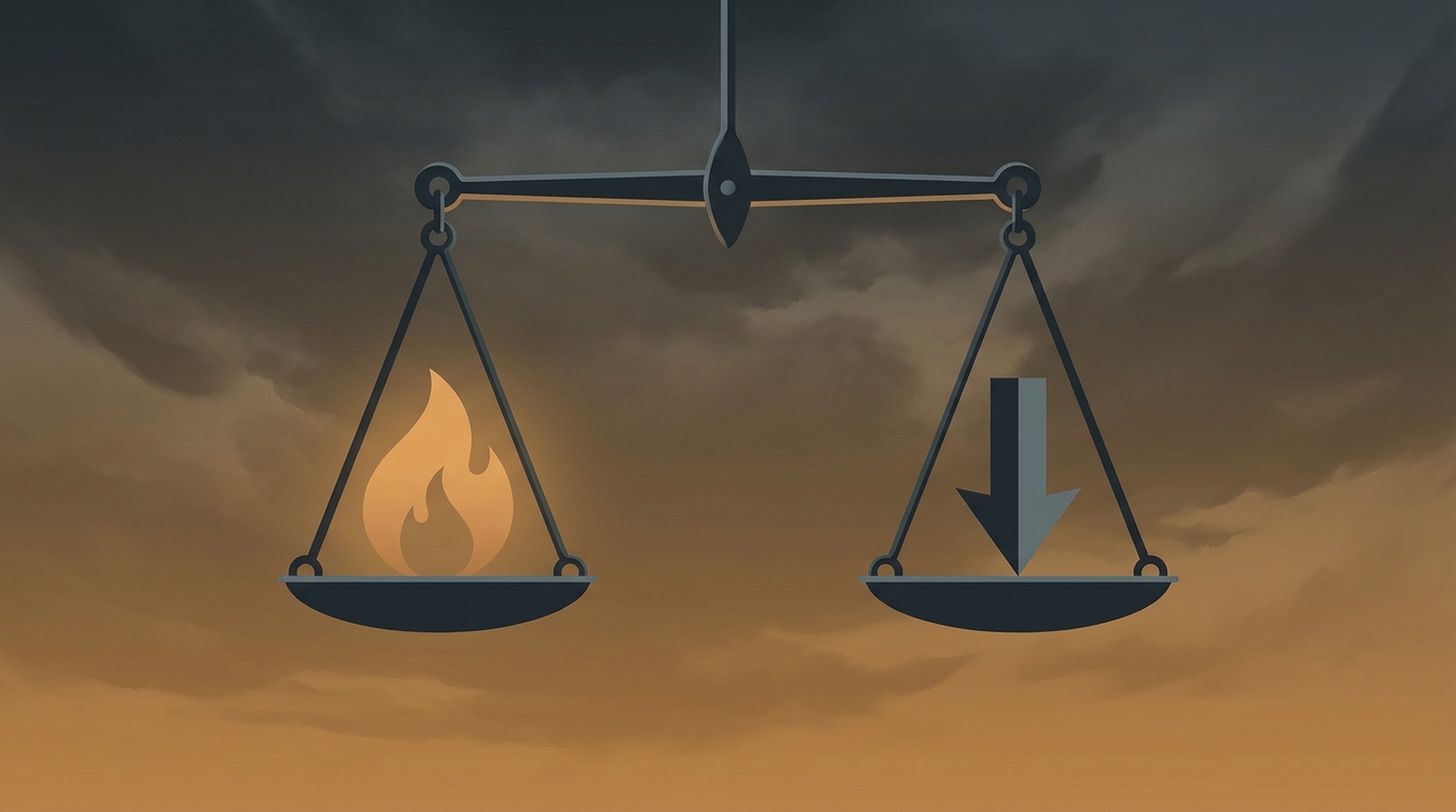 A massive balance scale against a stormy amber-to-grey sky with a flame symbol on one side and a downward arrow on the other, perfectly balanced in tension