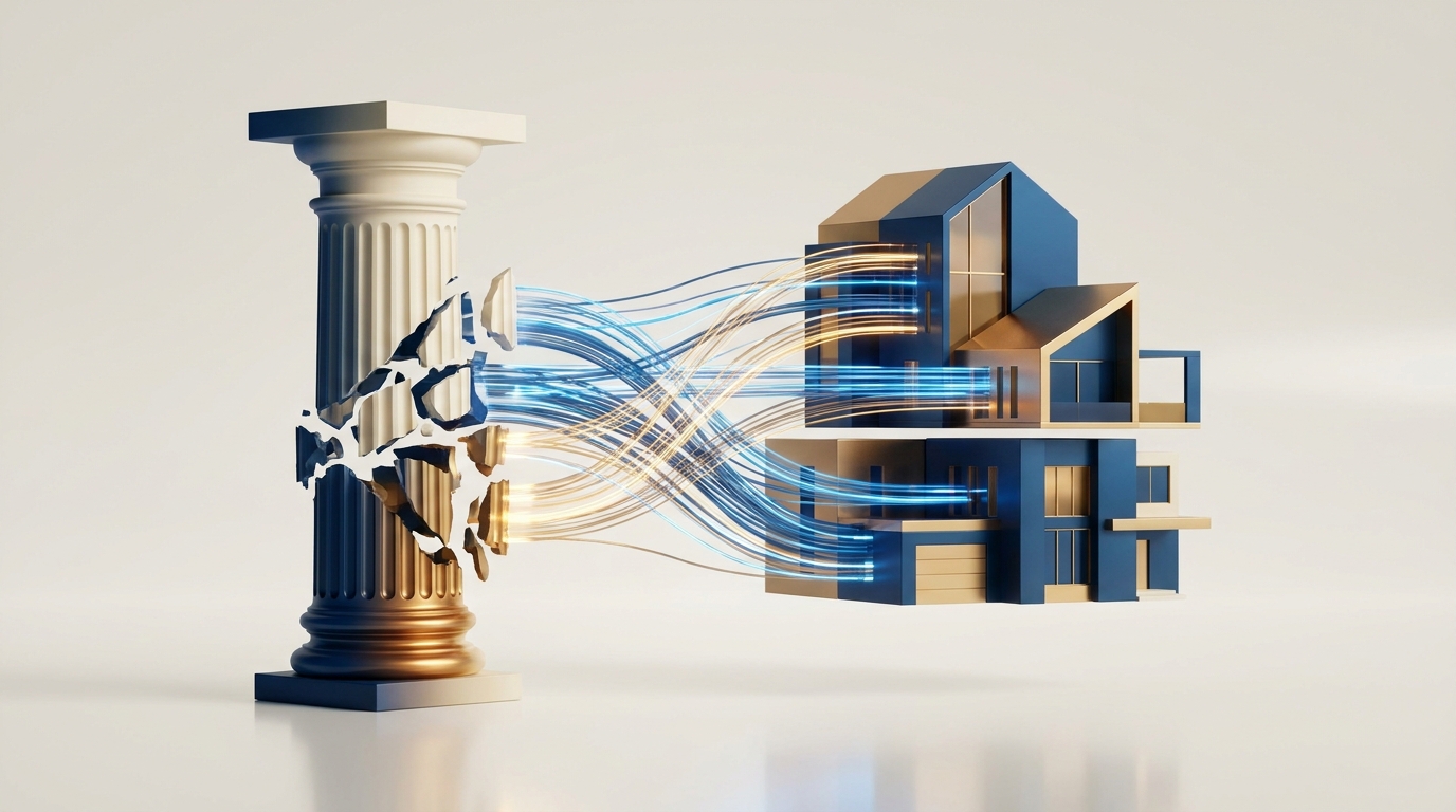 Abstract 3D illustration of an architectural column blending into modern homes with glowing data streams representing financial liquidity.