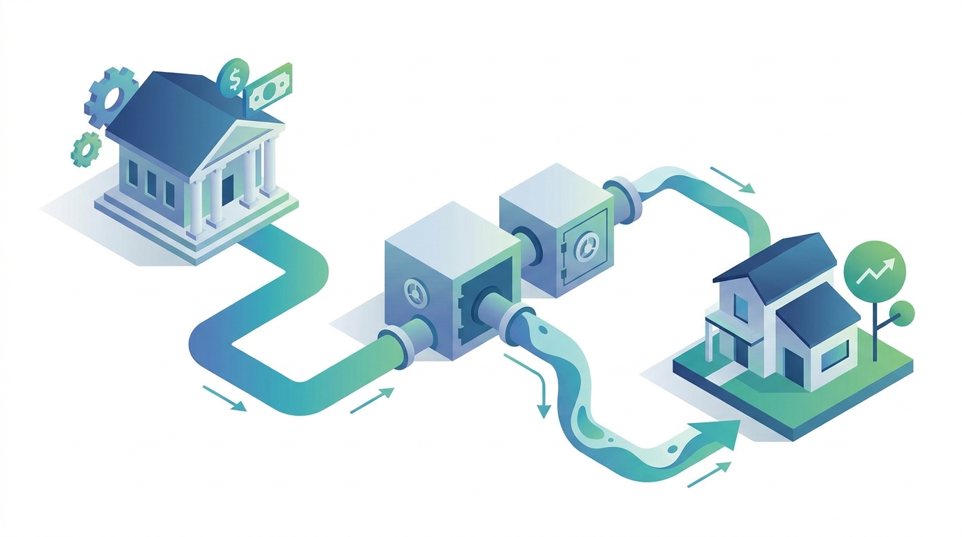 Isometric illustration of capital flowing from bank building through vaults via pipeline into residential home, representing the MBS transmission chain