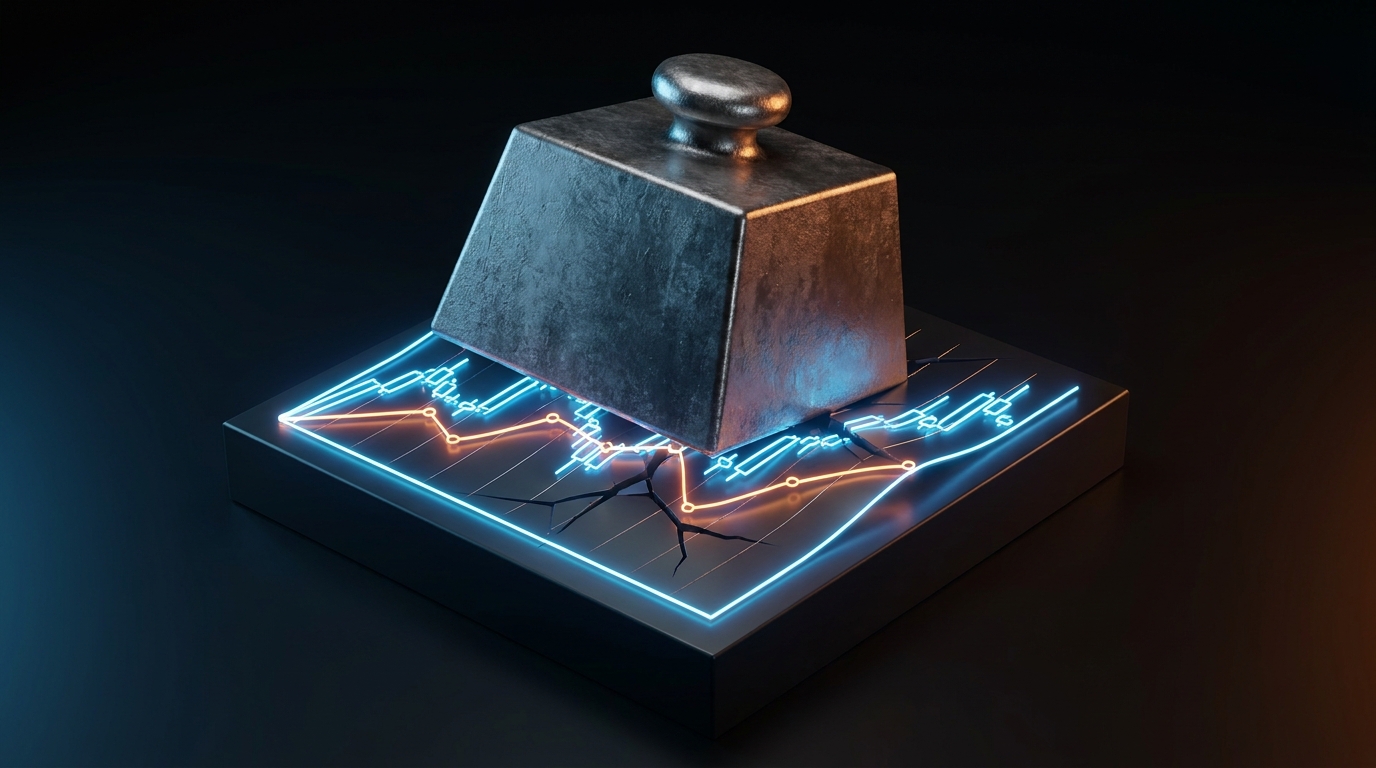 Heavy metal weight pressing down on glowing financial candlestick charts, cracking the surface beneath — representing stress test pressure on bank balance sheets