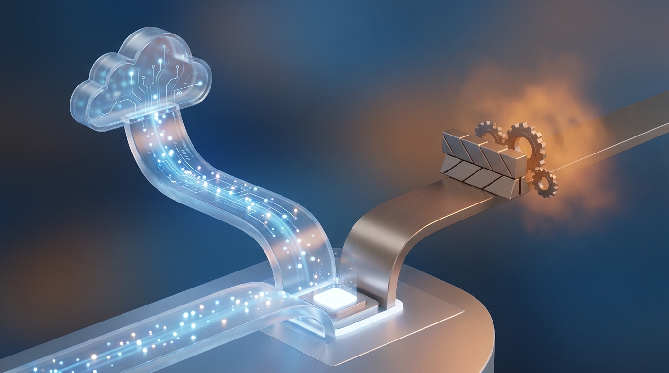 A 3D illustration showing a glowing digital light stream representing AI growth diverging from a heavy metallic road blocked by tariff barriers.