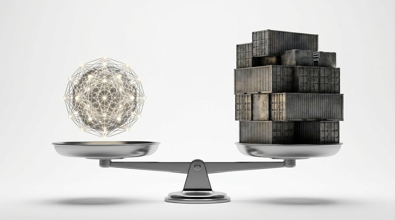 Minimalist 3D render of a sleek metallic balance scale weighing a glowing artificial intelligence network node on one side