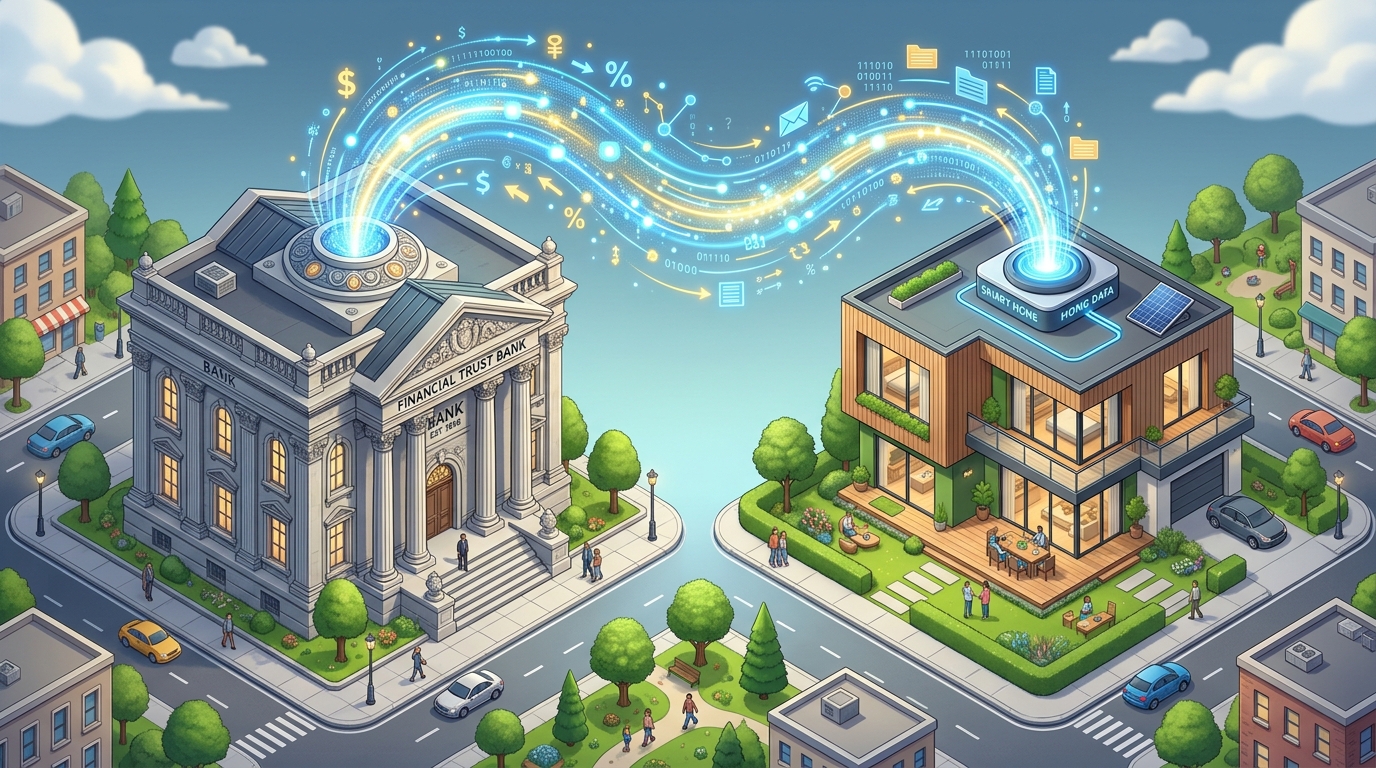 Isometric 3D illustration of a classical bank pillar connected by a glowing data stream to a modern residential house.