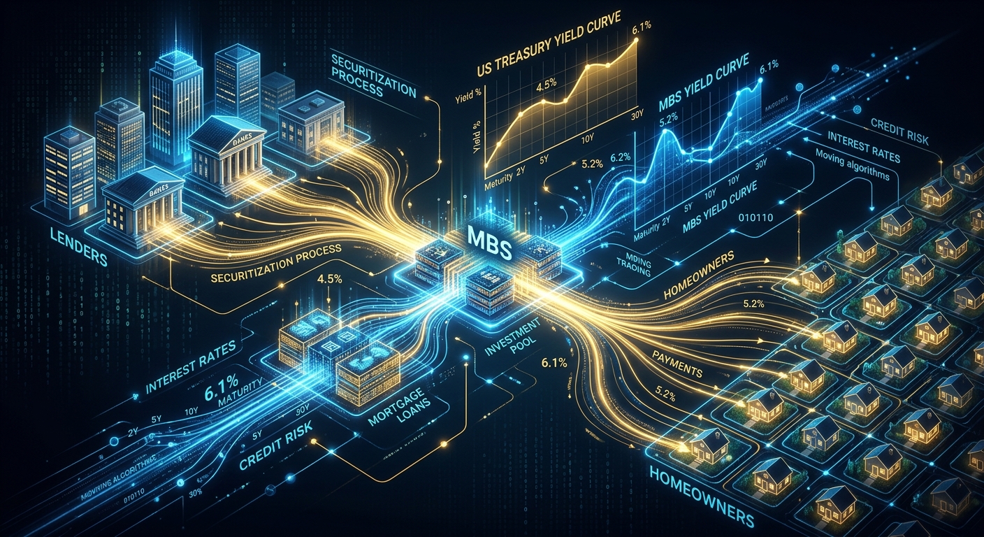 Abstract illustration of the MBS securitization pipeline showing banks originating mortgages, GSEs bundling them into securities, and investor demand flowing back to homebuyers