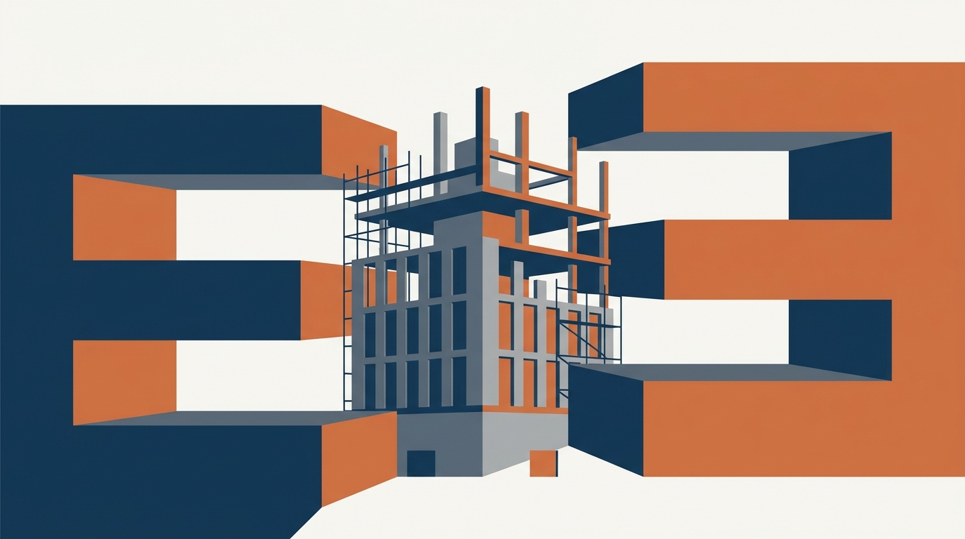 Abstract illustration of a modern building under construction squeezed by two geometric shapes representing economic pressures