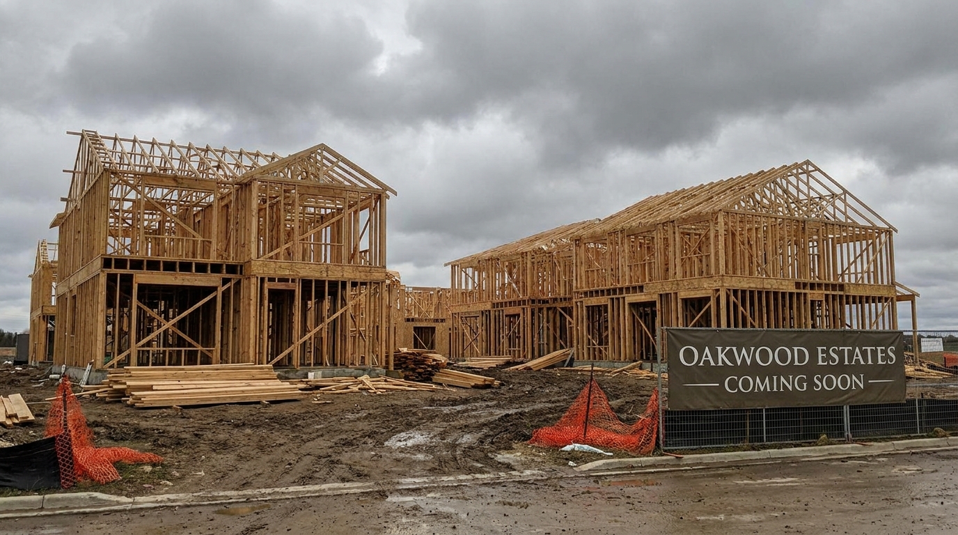 Unfinished residential construction site wood framing no workers present overcast sky real estate development