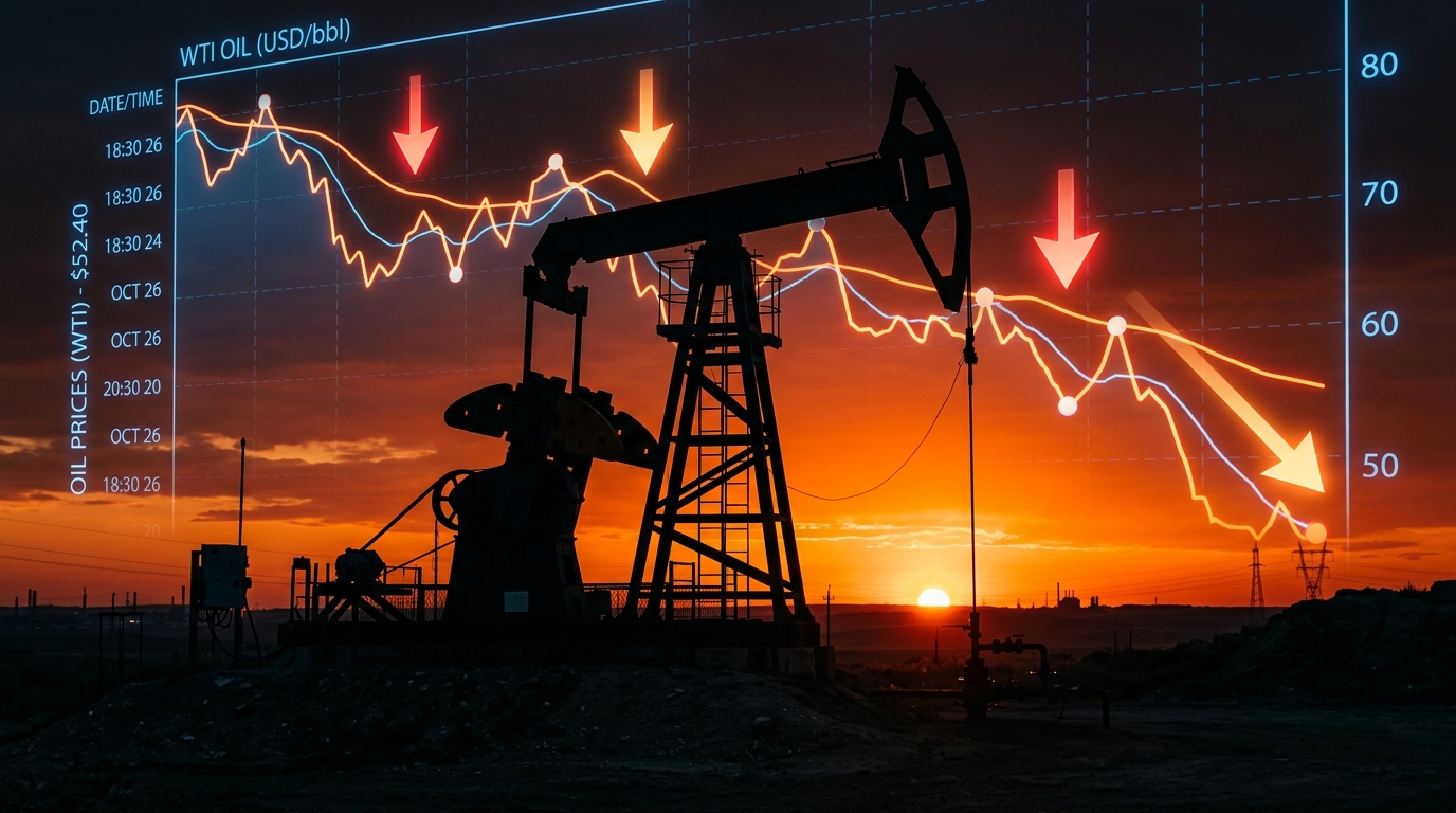Silhouette of an oil pumpjack against a deep orange sunset with overlaid glowing financial charts and downward trending arrows.
