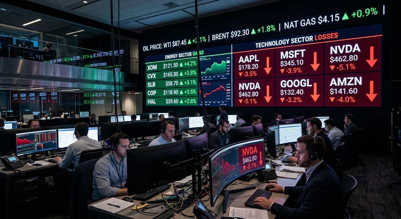 Financial trading floor showing energy sector stocks rising on left screens and technology sector stocks falling on right screens