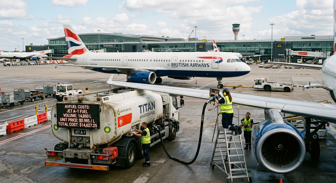 Commercial airplane being refueled on tarmac with ground crew, representing aviation sector fuel cost exposure