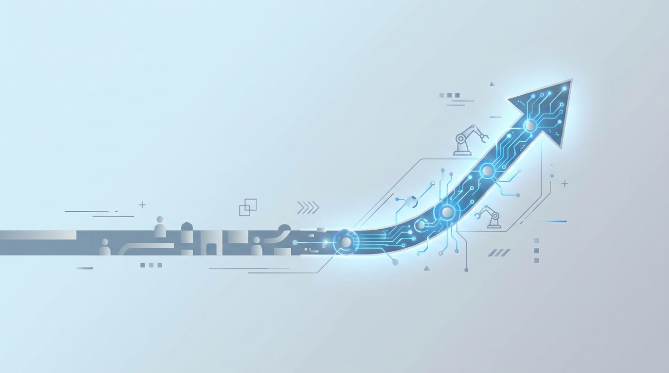 A muted horizontal line transforming into a bright, upward-trending curve made of glowing digital nodes and robotic circuit patterns.
