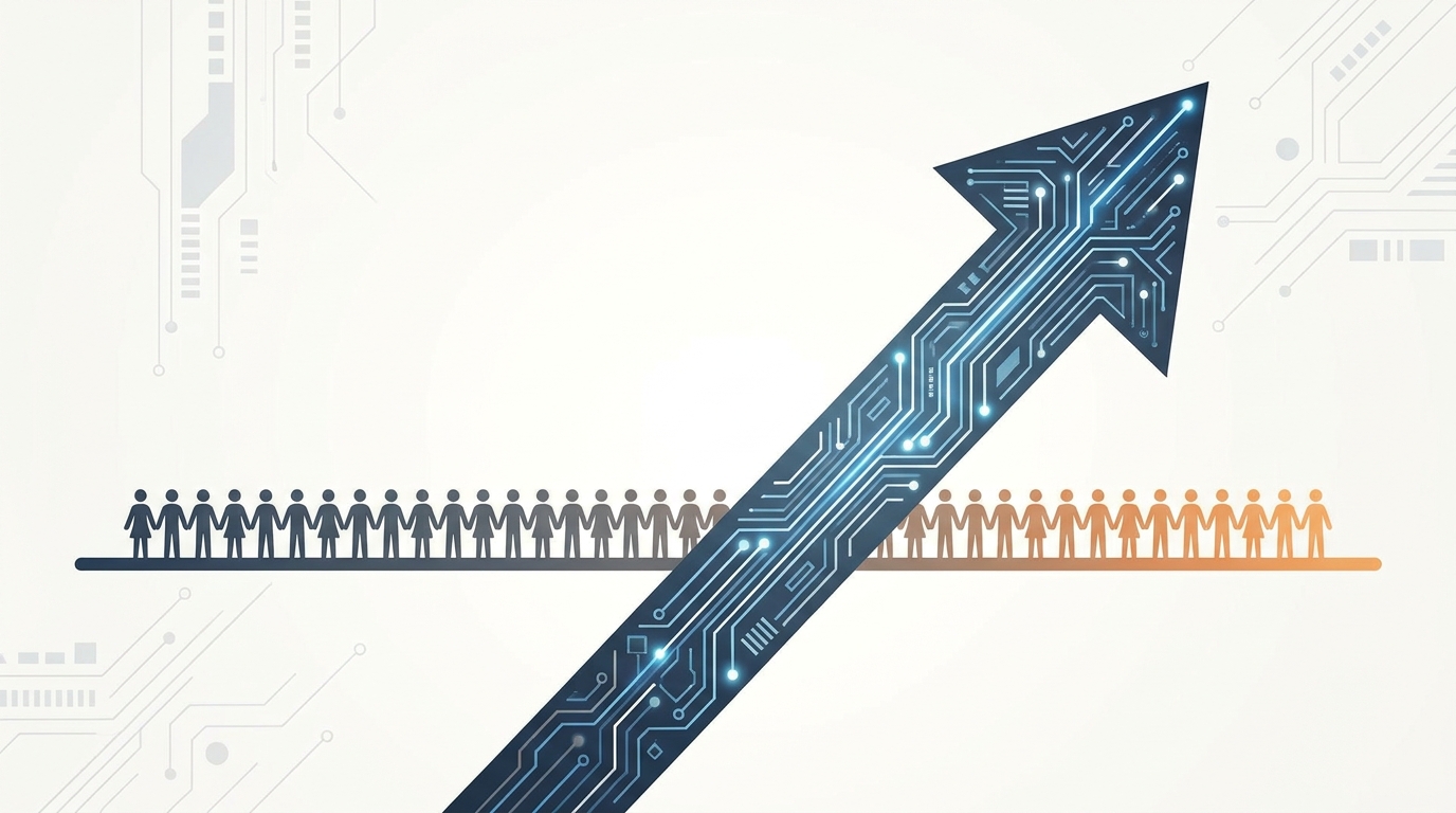 Flat line of human silhouettes representing stagnant labor supply crossed by a sharply rising circuit-board arrow representing AI productivity growth