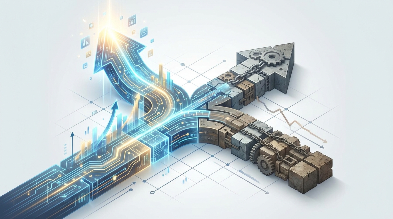 Bifurcated 3D arrow: left path rises with glowing digital circuits and rising charts, right path descends weighted by chains and gears