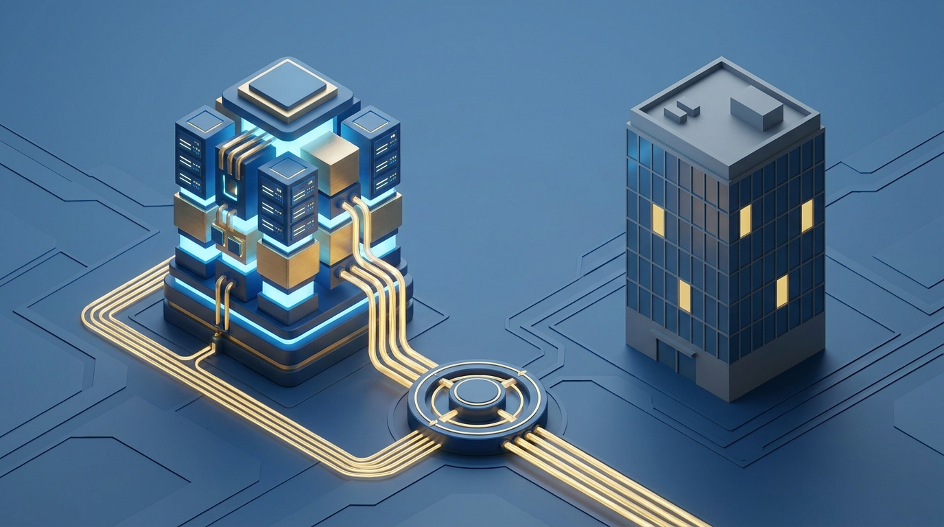 A 3D illustration of a server rack drawing energy from a power grid next to a dimly lit commercial office building