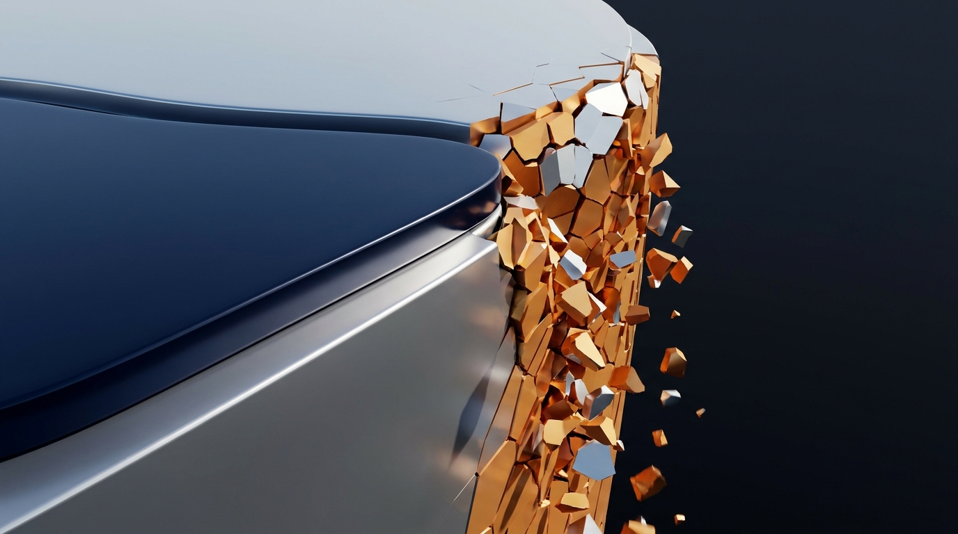 Abstract 3D illustration of a stable plateau beside a crumbling cliff, representing the divide between large and small-cap stocks.