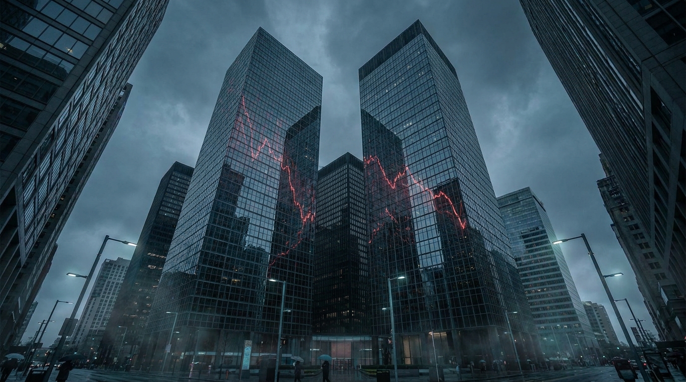 Low-angle view of glass commercial skyscrapers under an overcast sky, with subtle red downward trend lines reflected in the windows.