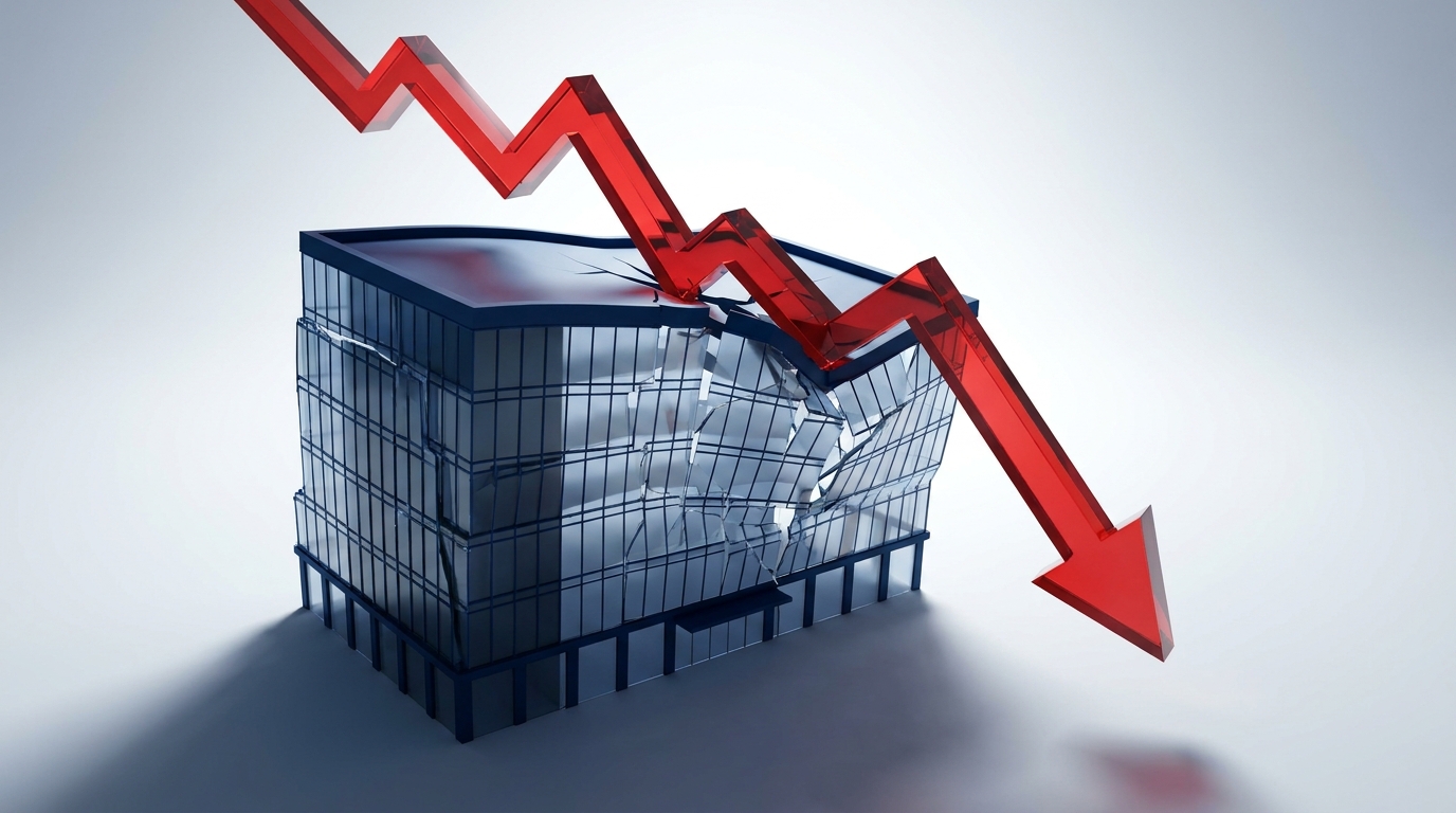 Abstract 3D illustration of a glass commercial building pressed down by a heavy red geometric graph line