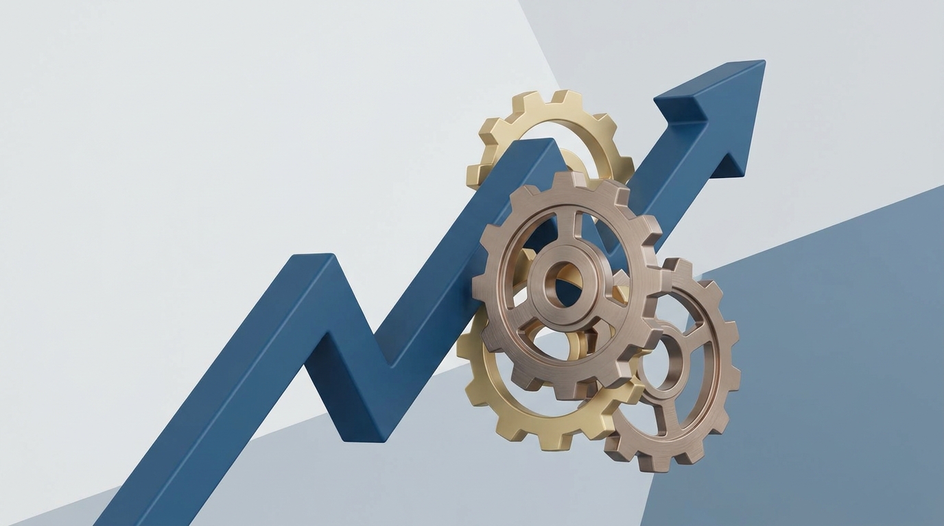 A 3D illustration of a rising financial trend line intersecting with metallic gears on a blue and gold background.