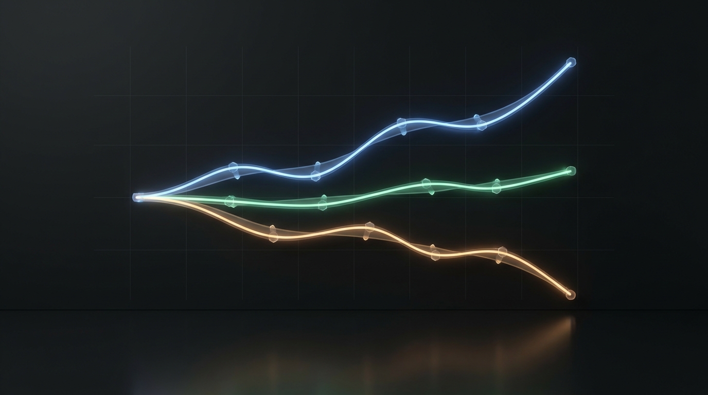 A sleek, abstract 3D financial chart showing three diverging trend lines representing different market...
