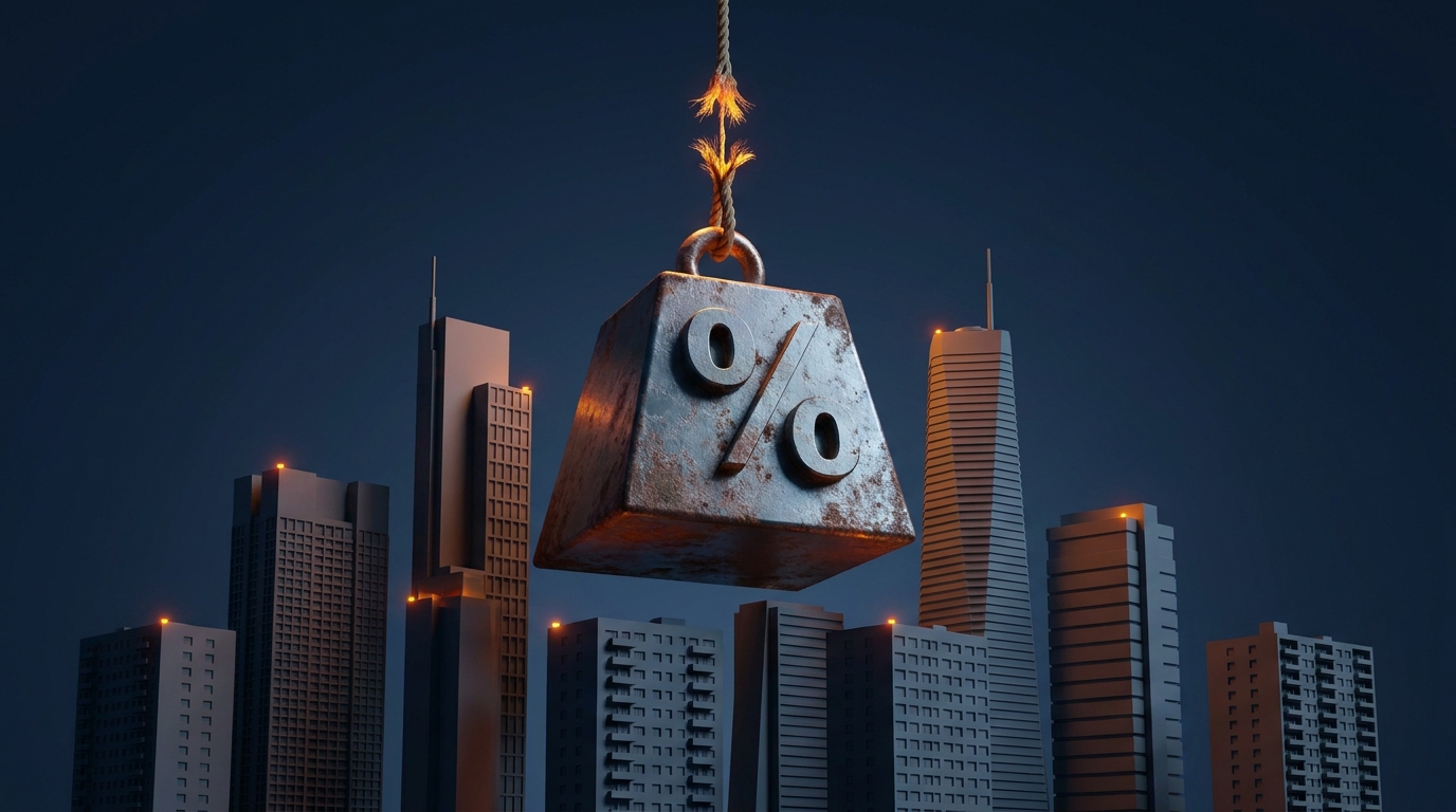 A heavy metallic weight with a percentage symbol hanging by a frayed rope over modern commercial buildings.