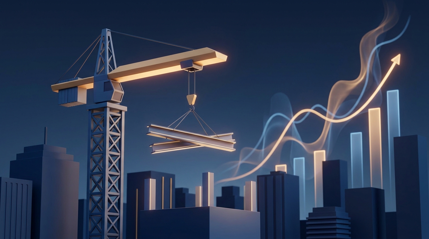 A 3D illustration of a commercial construction crane lifting steel beams against a backdrop of rising financial trend lines at twilight