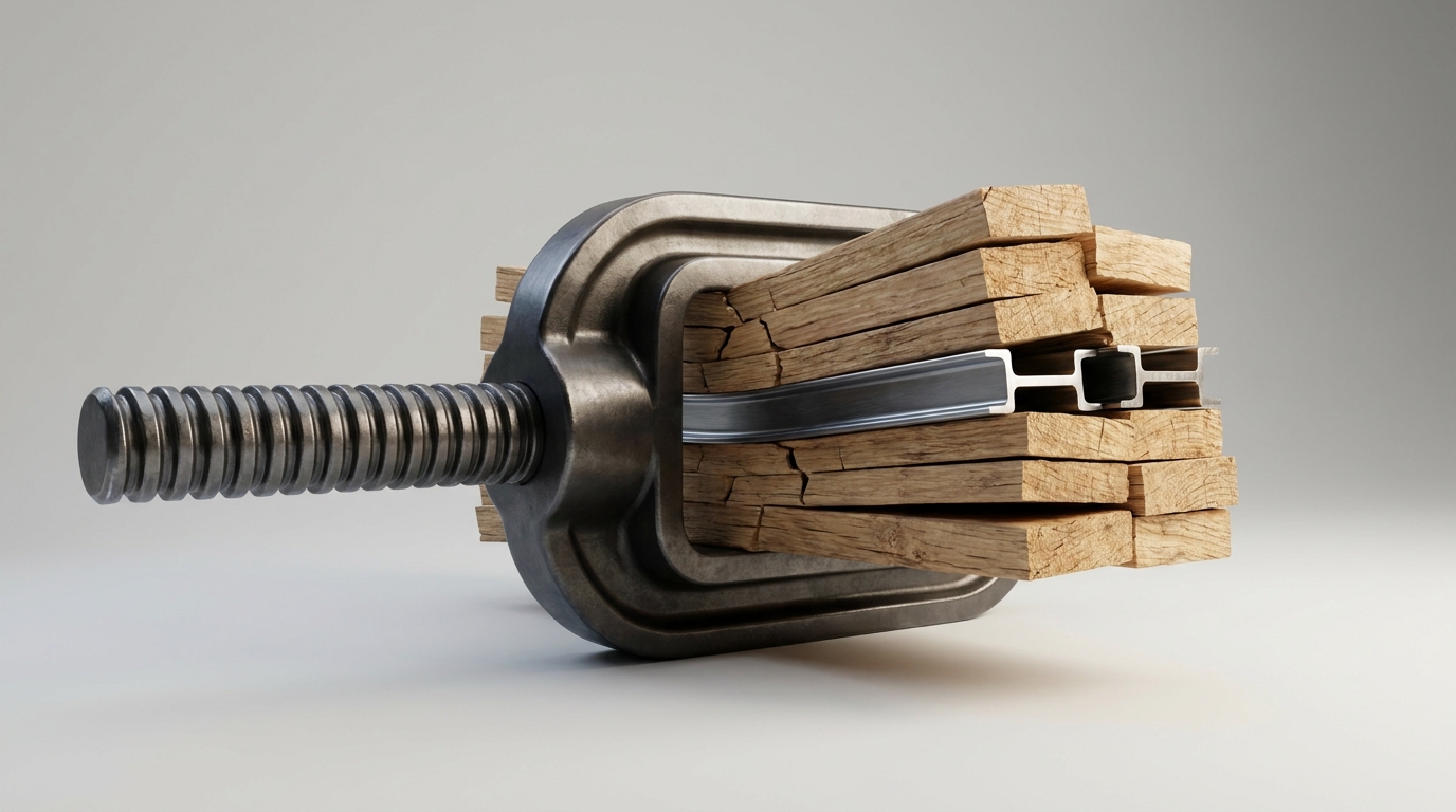 Clean 3D illustration of a stack of wooden lumber and steel building