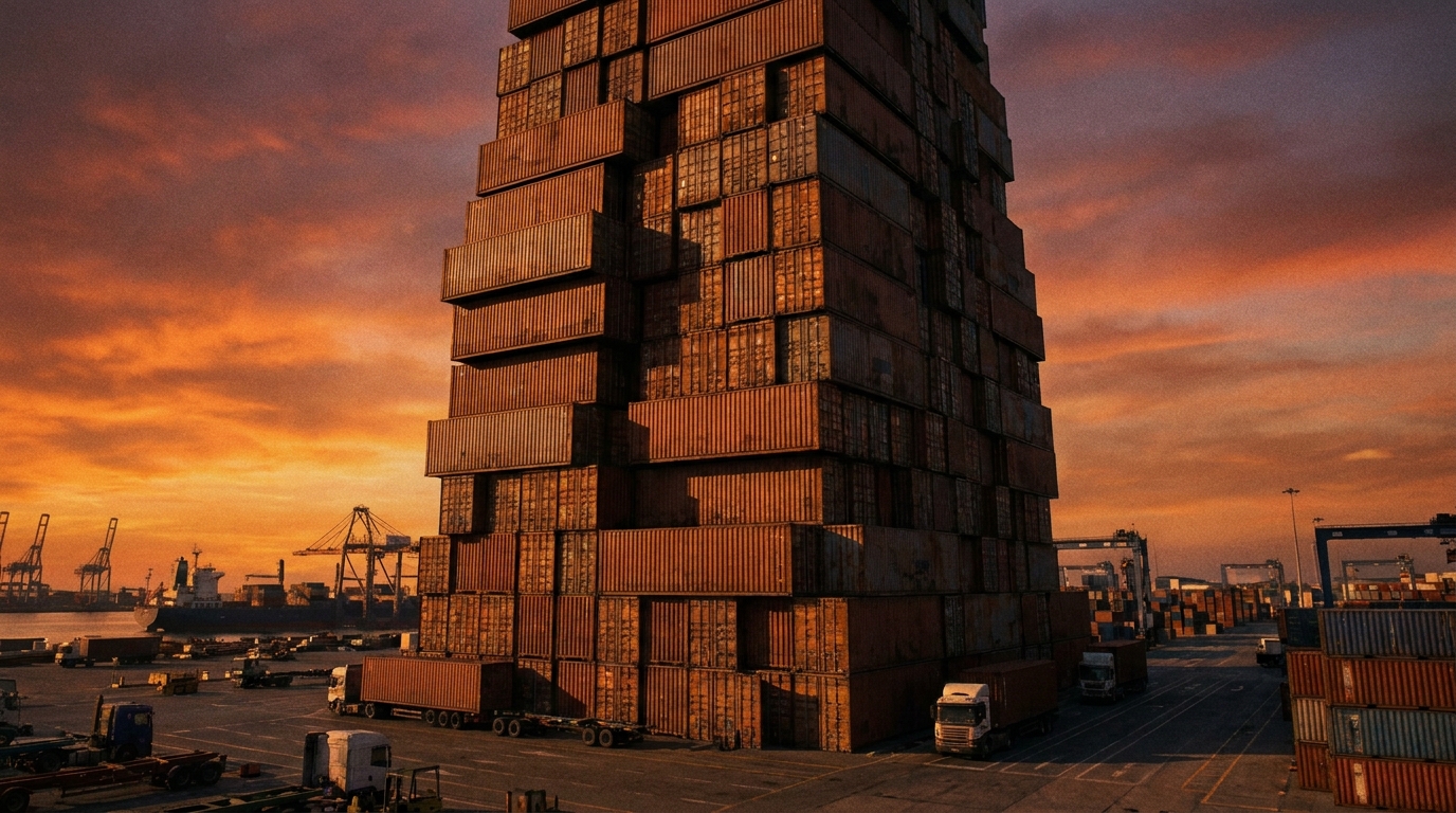 A towering stack of unmarked shipping containers in a sprawling port terminal at dusk
