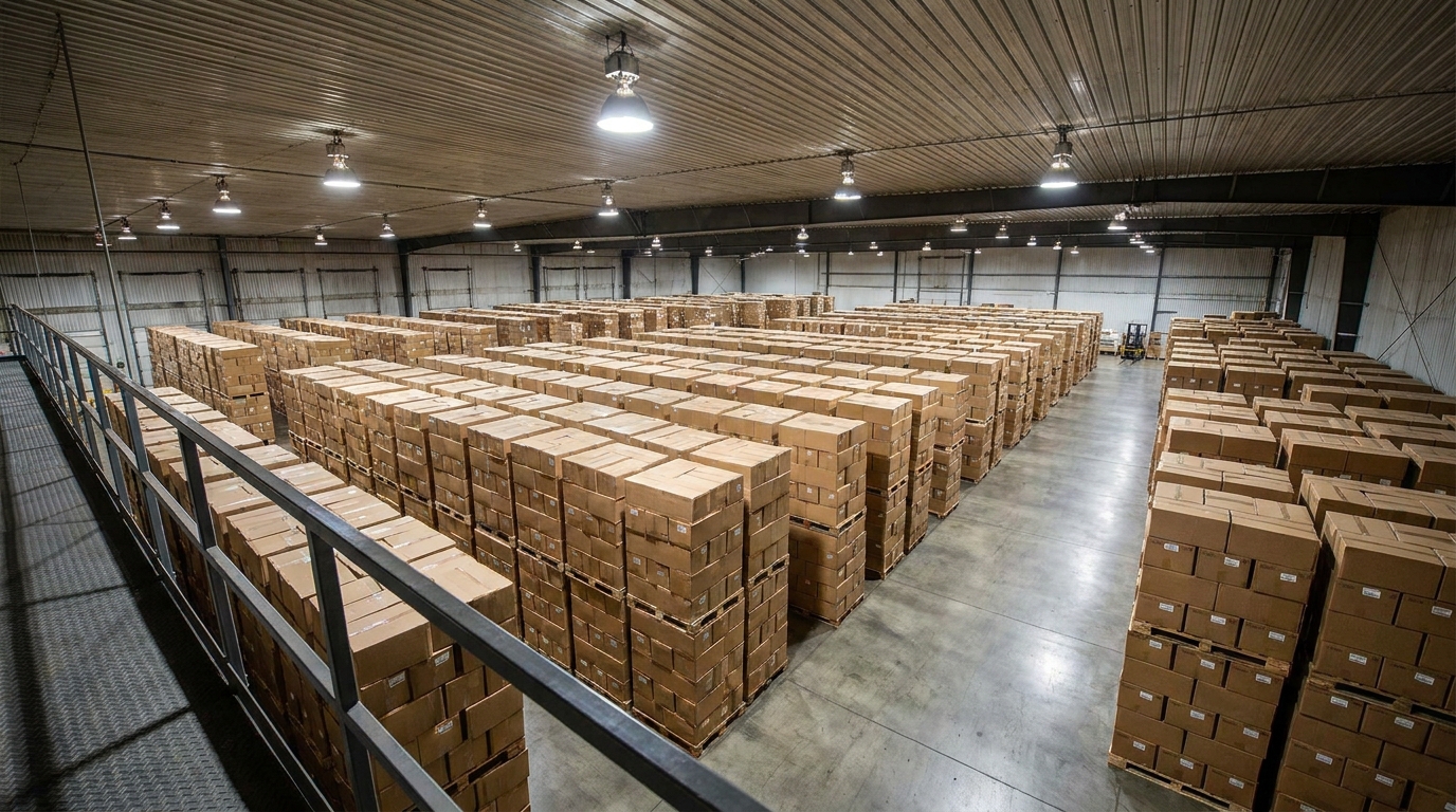 Vast commercial warehouse interior filled with pallets of boxes stacked to the ceiling, high angle view, no...