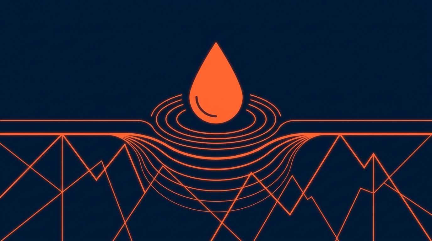 A minimalist vector illustration showing an oil drop creating ripples that distort a glowing digital stock market line chart in dark blue and neon orange