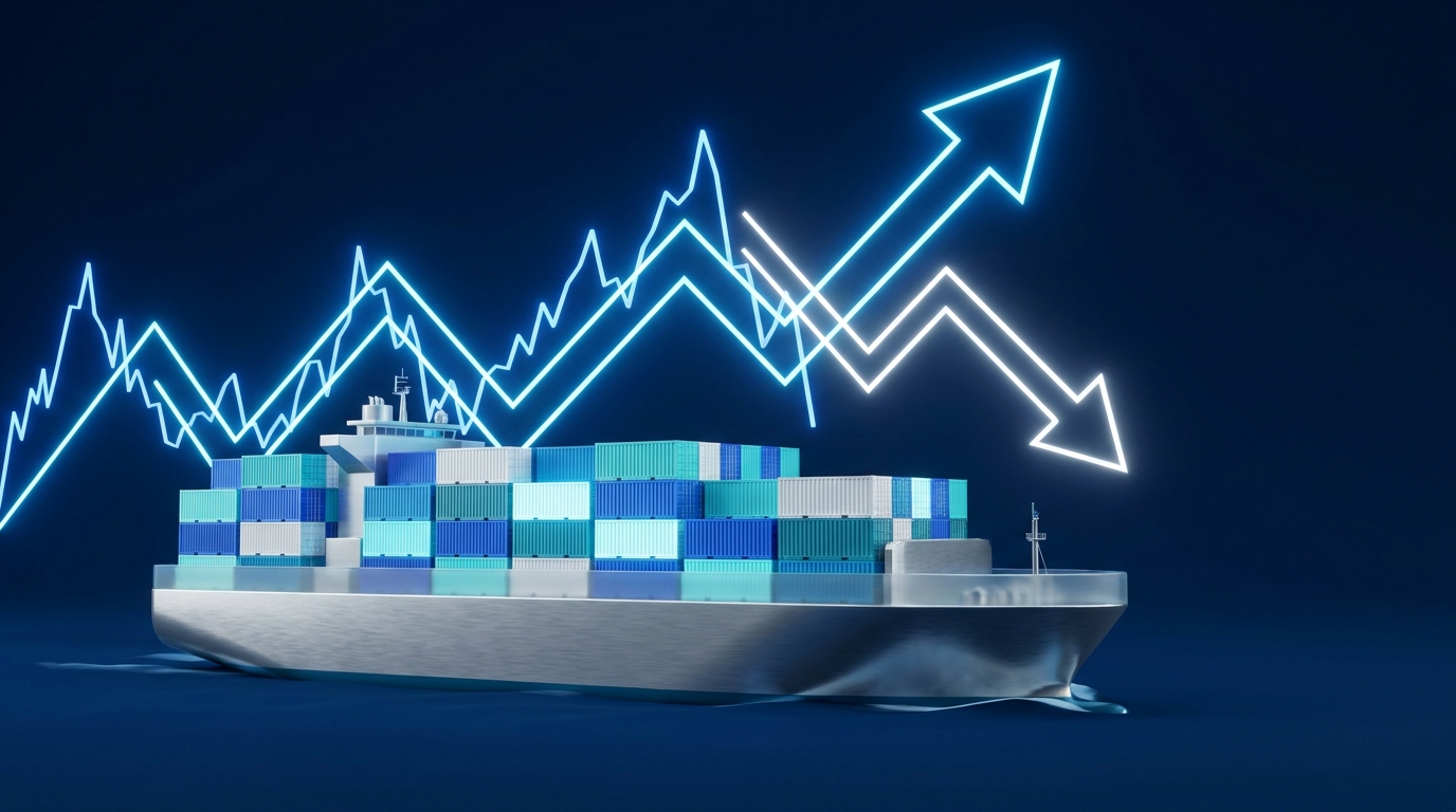 3D illustration of a cargo ship and shipping containers overlaid with a glowing stock market chart splitting into rising and falling paths.