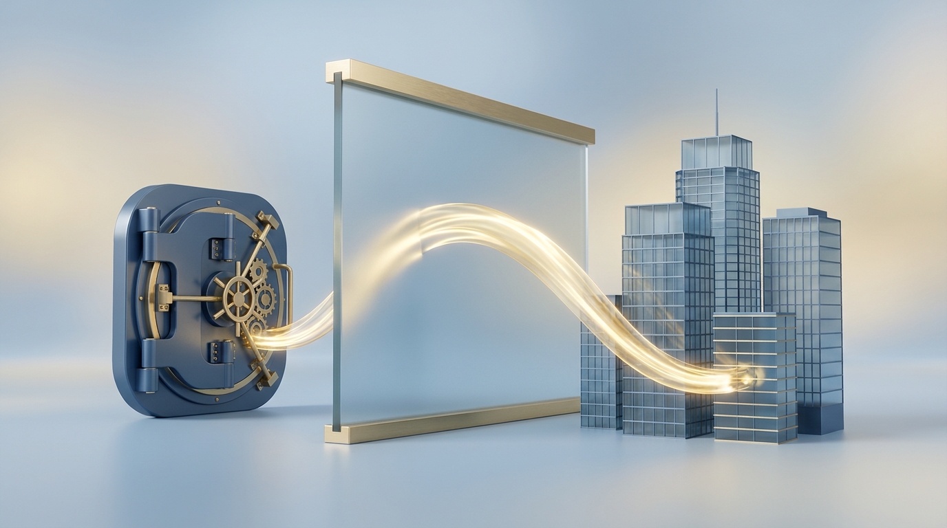 3D illustration of a thick, frosted glass wall standing between a