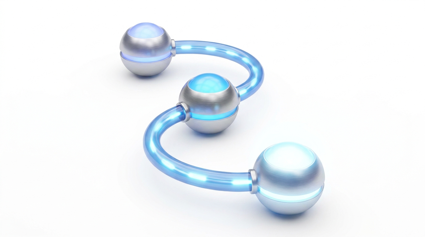 {'prompt': 'A 3D abstract flowchart with three distinct glowing nodes connected by sleek, illuminated lines, representing...