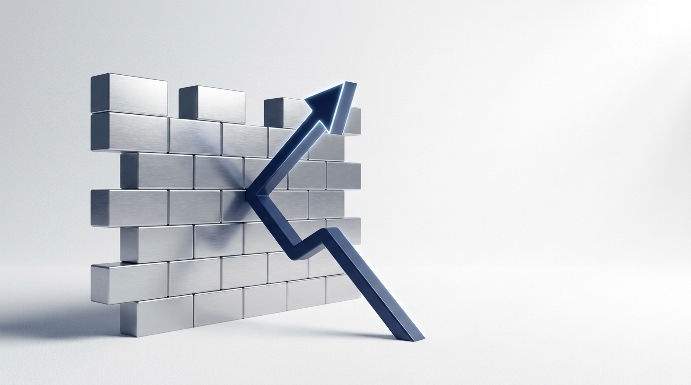 Conceptual 3D illustration of a towering, imposing wall made of metallic