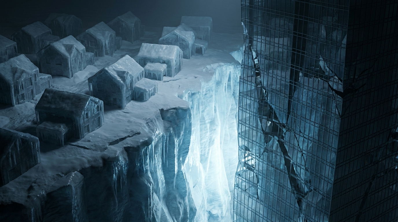 Abstract 3D rendering showing a frozen residential neighborhood separated by a glowing chasm from a towering, fractured commercial office building.