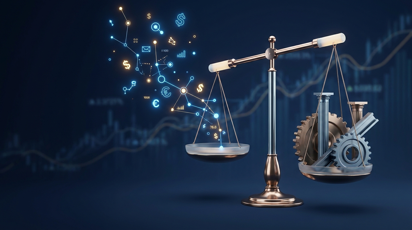 A glowing 3D balance scale tipping weight toward solid metallic gears against a dark navy blue background with upward-trending financial lines.