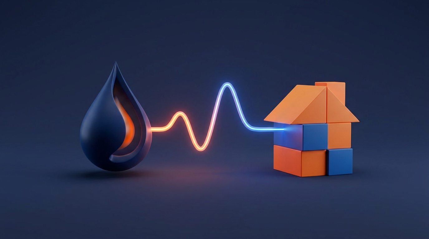 A clean, text-free, abstract illustration showing the connection between global energy and housing. An...