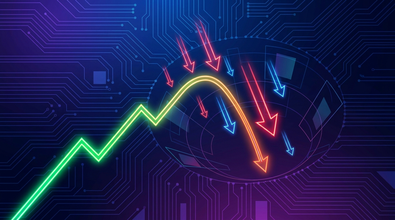 Abstract financial illustration showing a downward gravitational pull on a rising line graph. Glowing arrows...