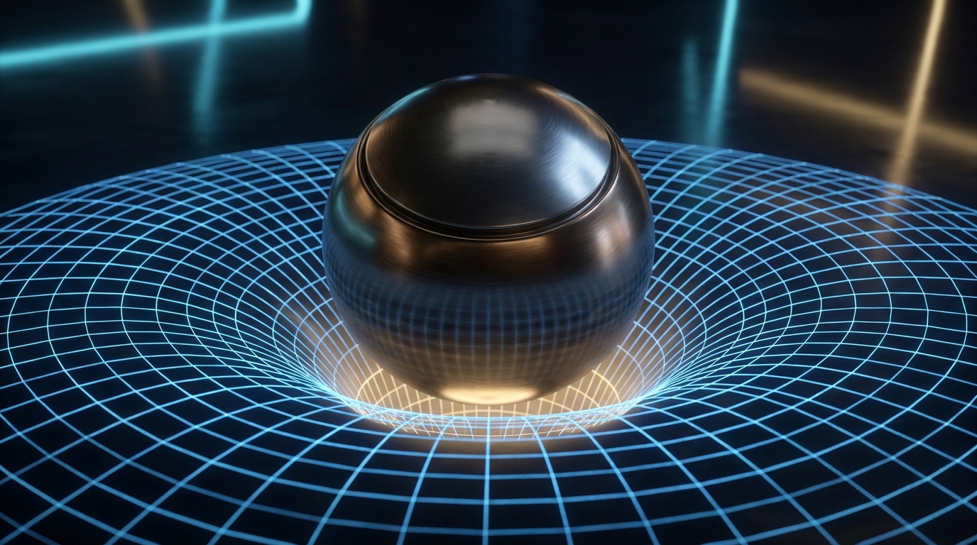 A heavy metallic sphere creating a deep depression in a glowing blue digital grid, representing high treasury yields weighing on the stock market.