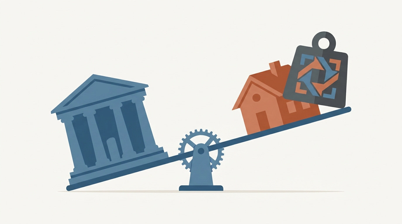 Conceptual illustration of a central bank building and a residential house balanced on a mechanical seesaw, with a heavy weight keeping the house elevated.