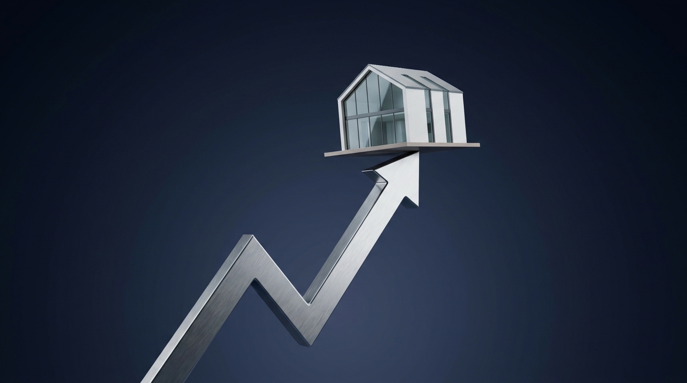 A miniature modern house resting on the peak of a sharp, upward-trending financial line graph against a dark navy blue background.