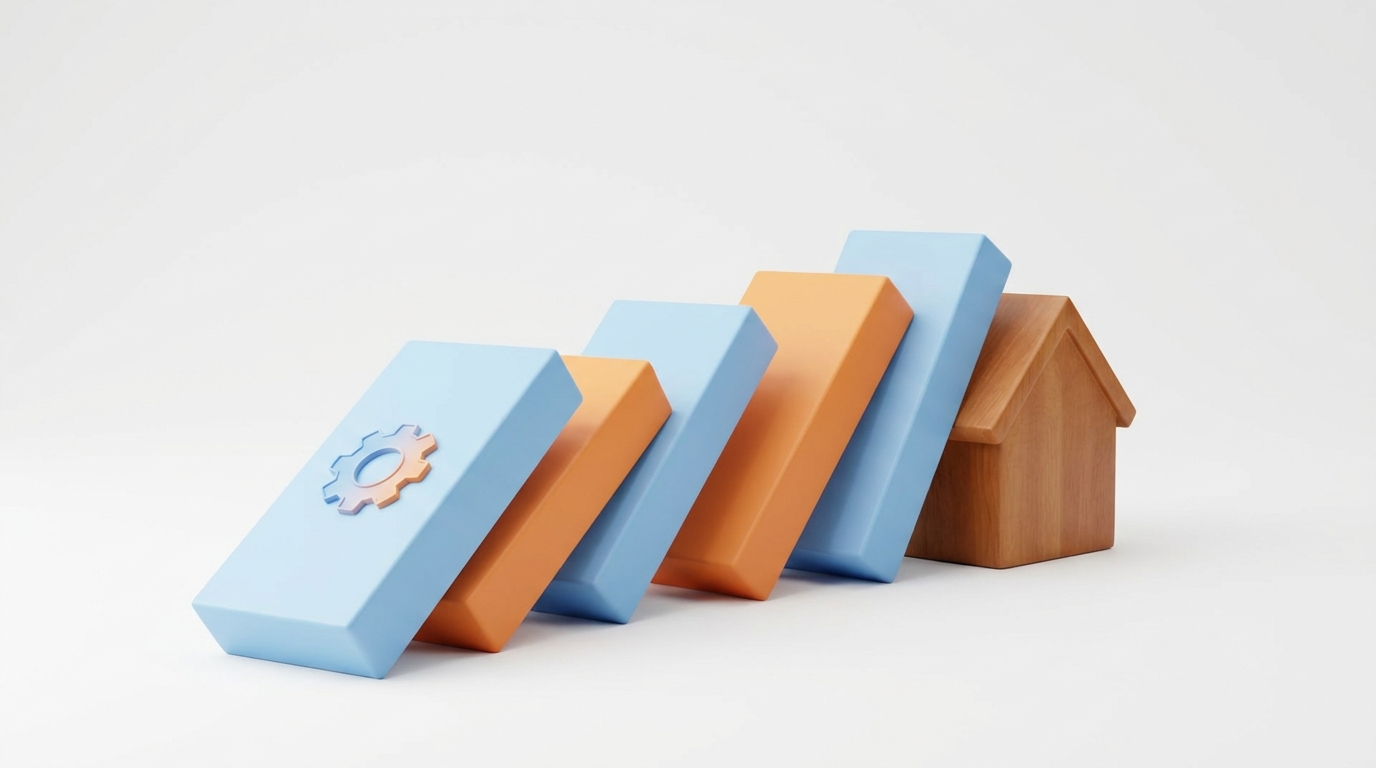A clean, 3D illustration showing a domino effect. The first domino