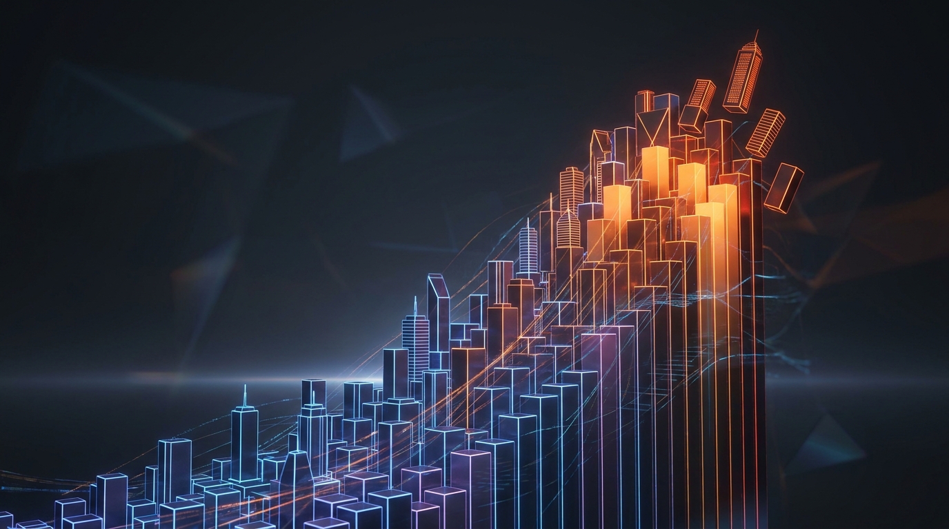 {'prompt': 'Abstract 3D data visualization showing a massive, looming wall made of glowing geometric blocks that resemble...