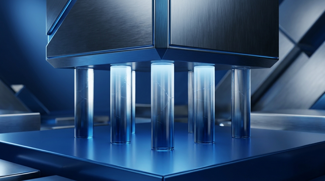 A dark metallic block pressing down on glowing translucent pillars representing financial stress testing on bank capital.