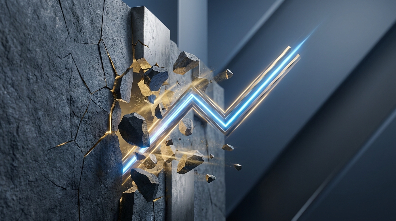 A glowing upward-trending financial line breaking through a heavy stone barrier